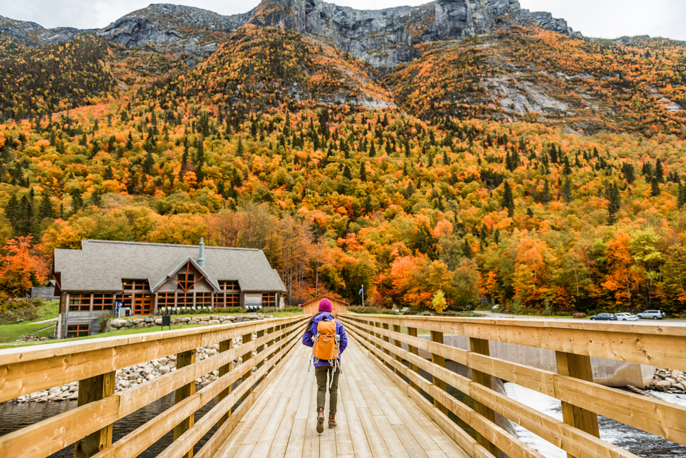 Photo of a woman hiking in fall in Charlevoix