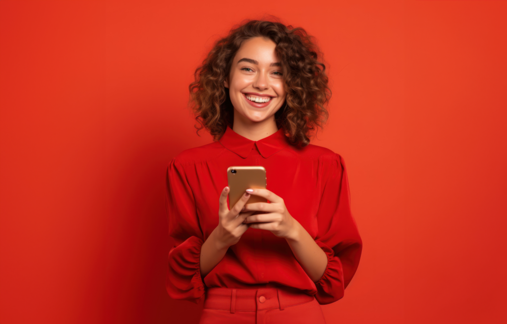 Femme heureuse portant du rouge et regardant son téléphone portable