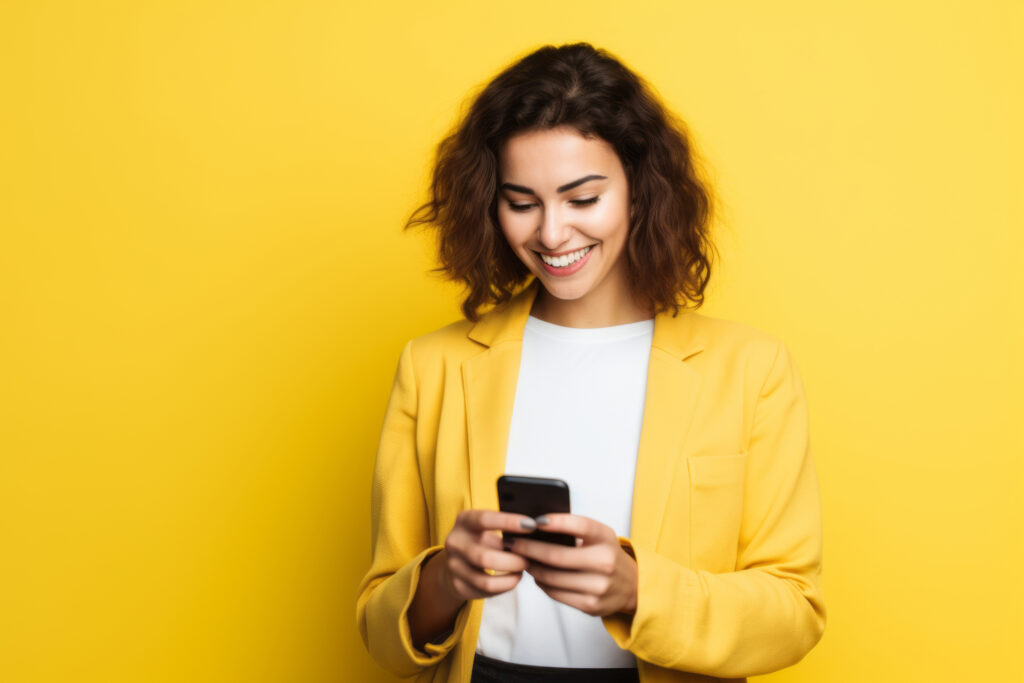 woman with phone on yellow-background scaled