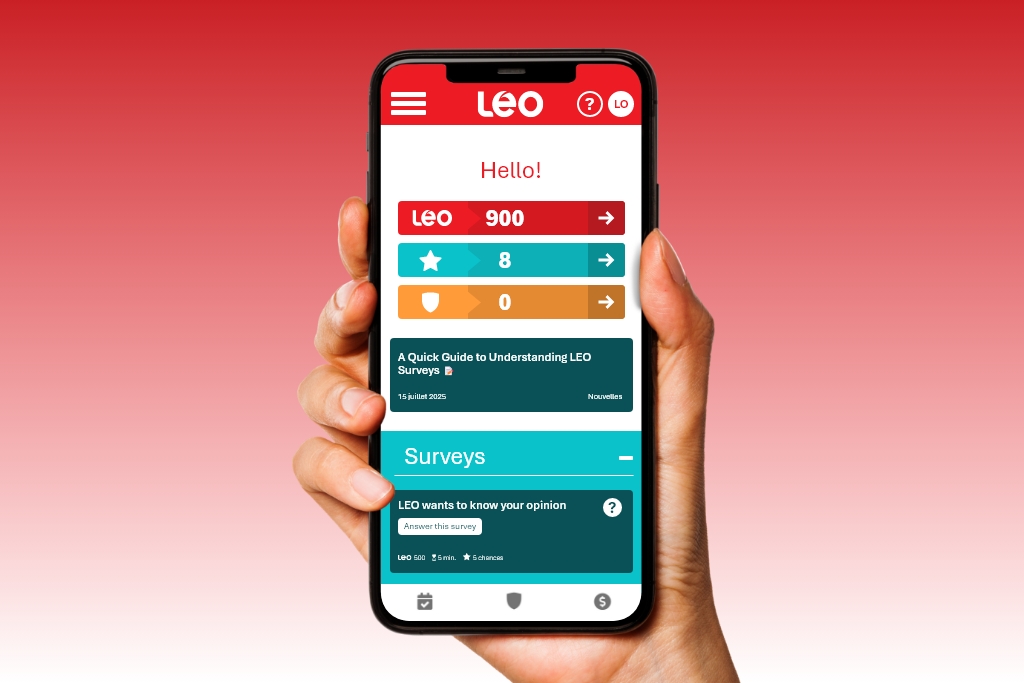 User holding a smartphone displaying a Léger Opinion (LEO) survey — paid survey platform in Canada. The screen shows an invitation to take part in a market research study.