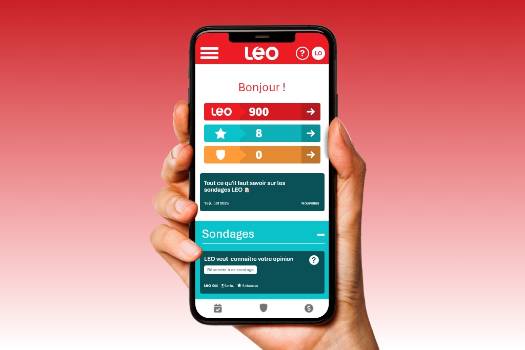 Utilisateur tenant un téléphone portable affichant un sondage Léger Opinion (LEO) – plateforme de sondages rémunérés au Canada. L'écran montre une invitation à participer à une étude d’opinion.