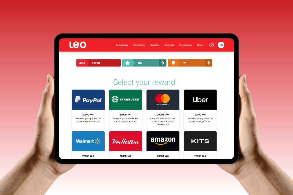 Hands holding a tablet displaying the LEO platform rewards page, showing PayPal, Starbucks, Uber, Walmart, Tim Hortons, Amazon, and other gift card options on a red gradient background.